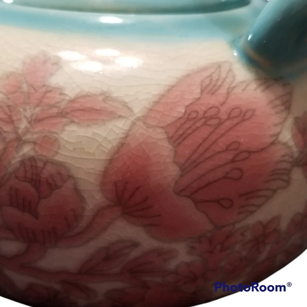 Vintage Pier 1 Imports Ceramic Teapot Pink & Blue W Removable Bamboo Handle